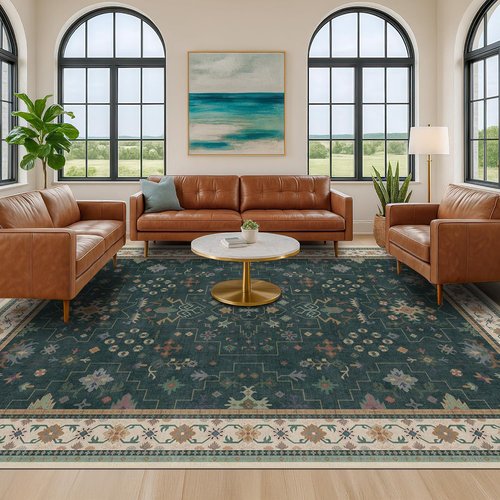 Hazo Haus Dark Green Oushak Area Rug - Modern Vintage Boho Floral Design, 10x14, Washable & Non-Slip