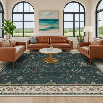 Hazo Haus Dark Green Oushak Area Rug - Modern Vintage Boho Floral Design, 10x14, Washable & Non-Slip