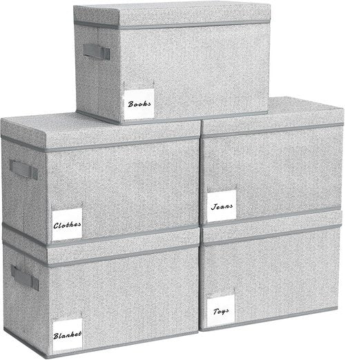 Homsorout Linen Closet Organizers - Extra Large Foldable Storage Bins with Lids, 5 Pack in Light Grey