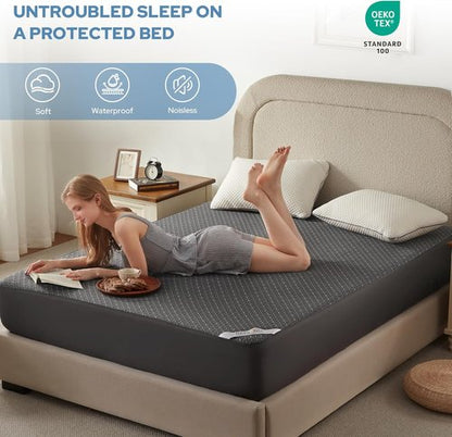 BEDLORE Waterproof Mattress Protector - Noiseless Cover with Stretchable Pockets for 6-15 Inch Mattresses | Soft Dark Gray Pad for College Dorms