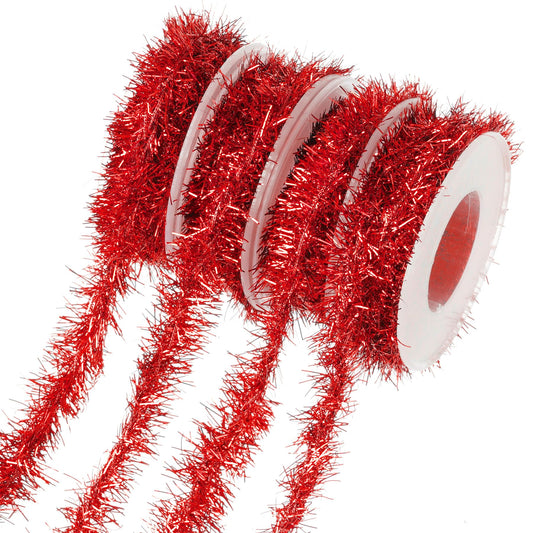 Tongcloud 4 Rolls Christmas Tinsel Ribbon Metallic Garland Tinsel Garland Christmas Metallic Tinsel Ribbon Glitter Tinsel Ribbon for Christmas Birthday Party (Red, 9.8feetx0.7inches)