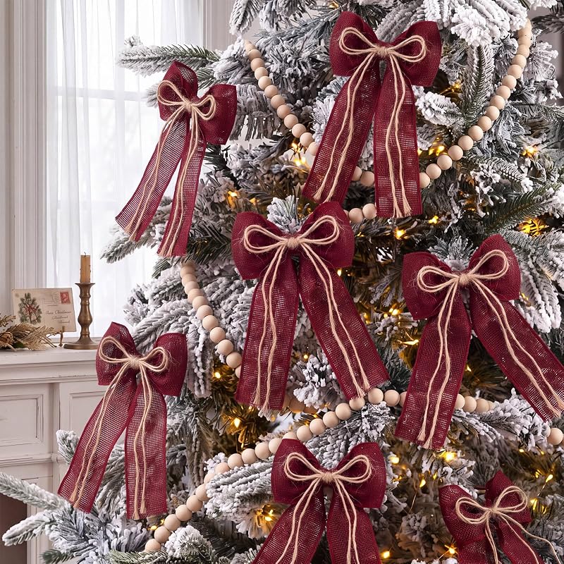 12 Pcs Burgundy Burlap Xmas Bows 5x7 in - Rustic Christmas Tree Decor