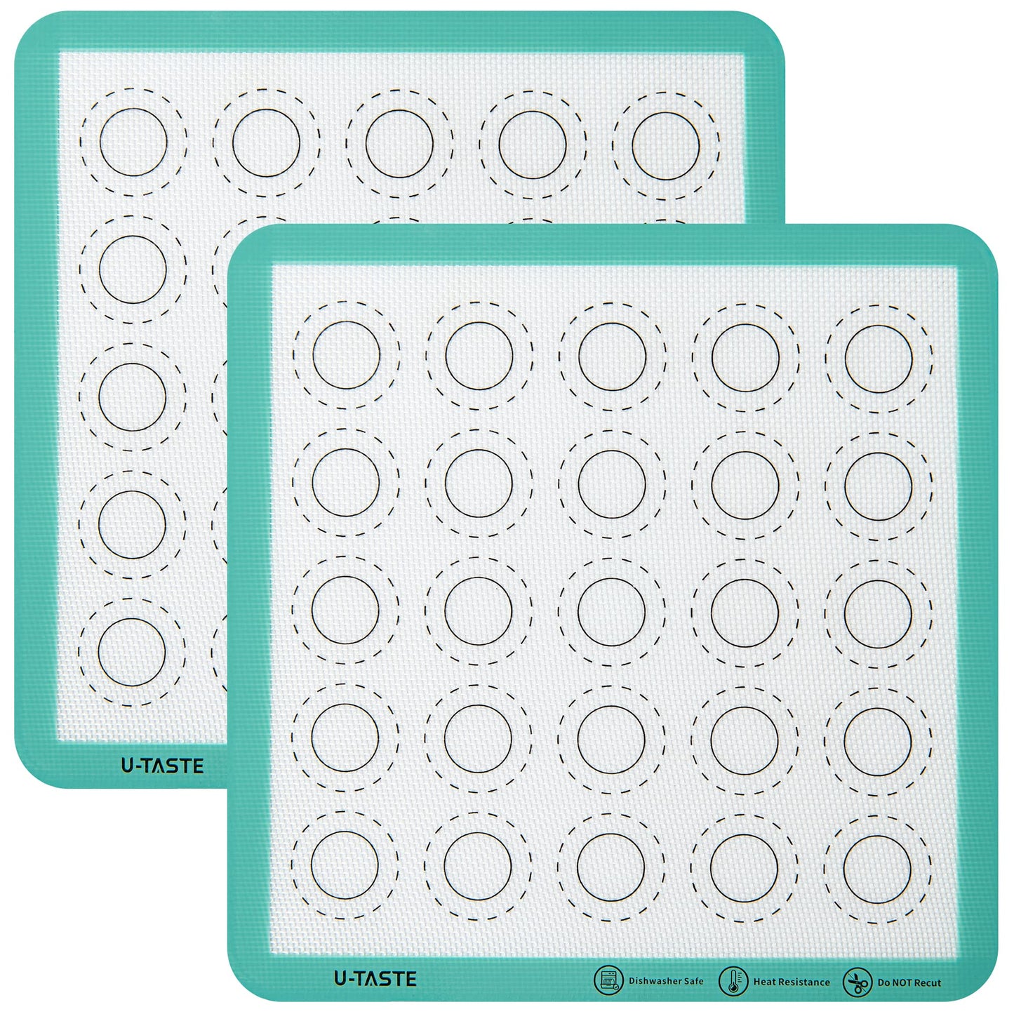 446ºF Heat Resistant Macaron Mat: U-Taste 11x11 Inch Non Stick Silicone Baking Mat, Reusable Cookies Pastry Sheet Liner with Edge Enhancement & Circle Measurement for Square Cake Pan (2 PCS, Aqua Sky)