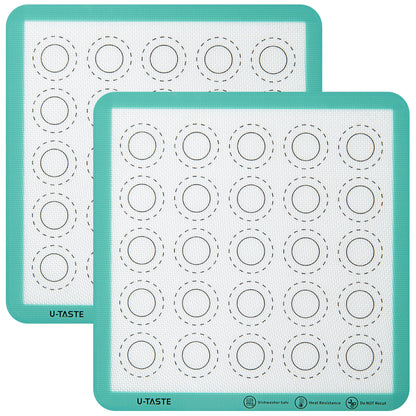 446ºF Heat Resistant Macaron Mat: U-Taste 11x11 Inch Non Stick Silicone Baking Mat, Reusable Cookies Pastry Sheet Liner with Edge Enhancement & Circle Measurement for Square Cake Pan (2 PCS, Aqua Sky)