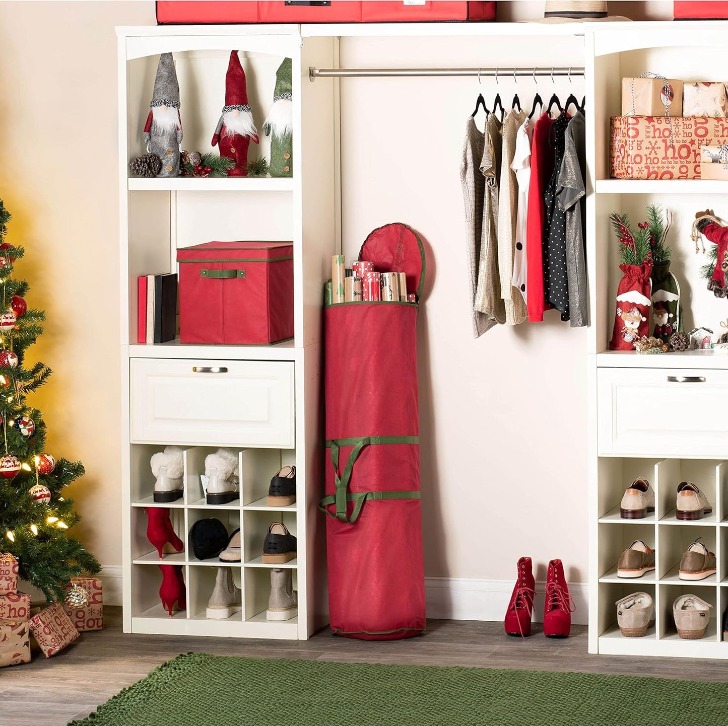 ZOBER Gift Wrap Storage Organizer - 40 Inch Waterproof Holder for 25 Rolls - Red Christmas Design