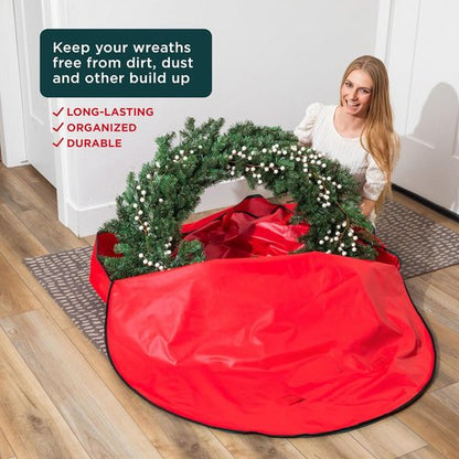 HOLDN’ STORAGE Wreath Storage Bag - Durable Waterproof Christmas Container - Heavy-Duty, 48"W x 8"D - Red