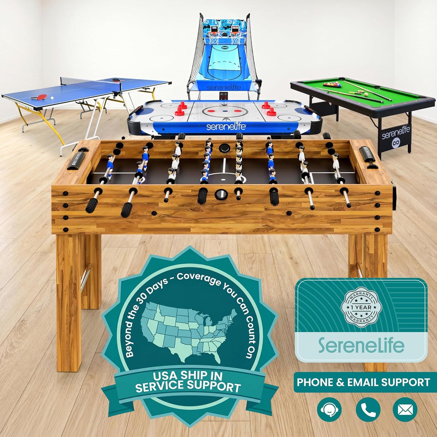 SereneLife 48-Inch Competition Foosball Table - Adjustable Height Arcade Soccer Set for Home & Game Room - Includes 2 Balls & Cup Holders, Natural Finish