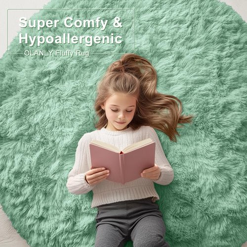 OLANLY Mint Green Round Rugs for Bedroom - Machine Washable, 6 ft Circle Area Rugs for Living Room, Soft and Fluffy Shaggy Carpet for Teen Girls and Boys, Nursery Rooms, Dorms, Home Decor Aesthetic