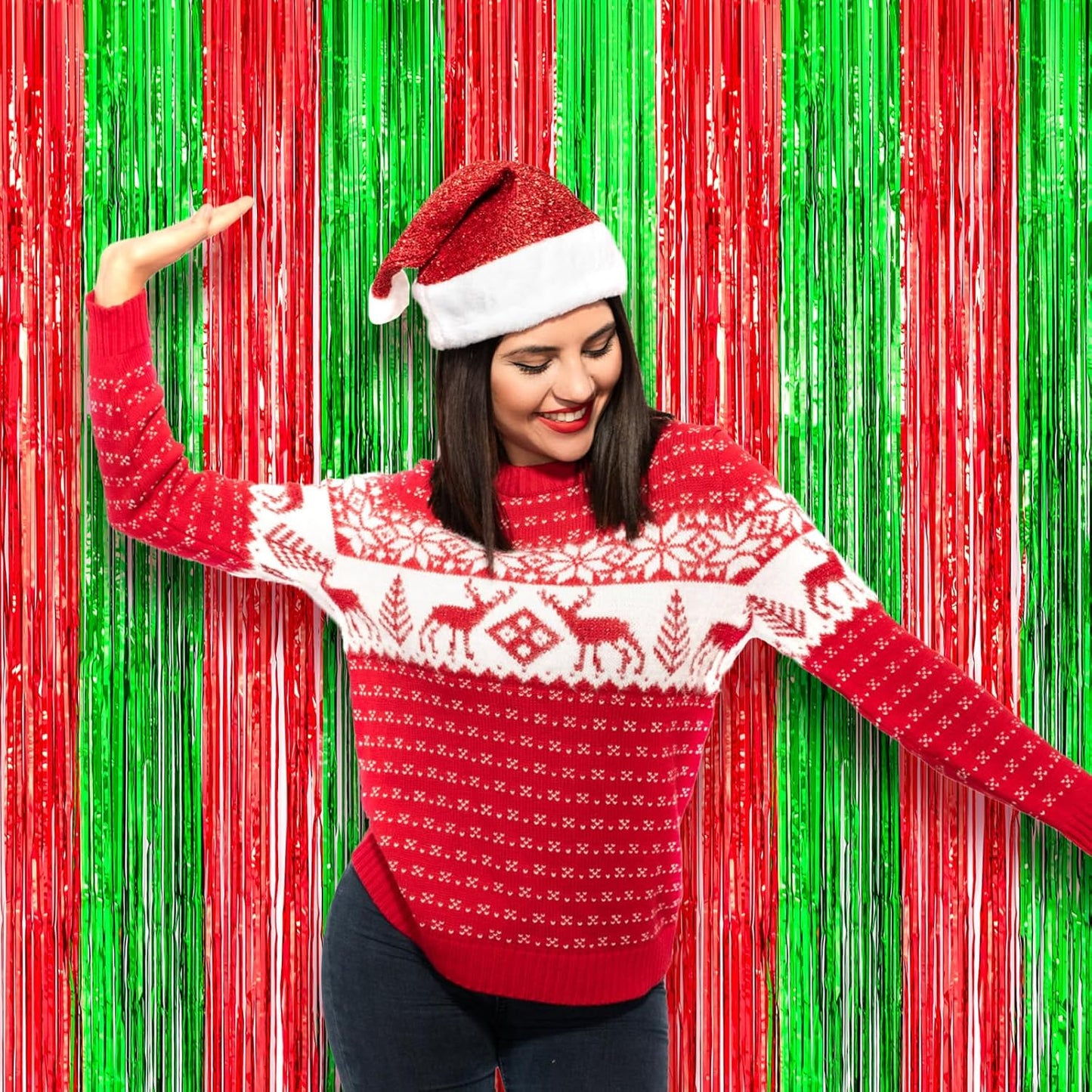 Voircoloria 3 Pack Red & Green Foil Fringe Backdrop Curtains - 3.3x8.2 Feet Tinsel Streamers for Parties
