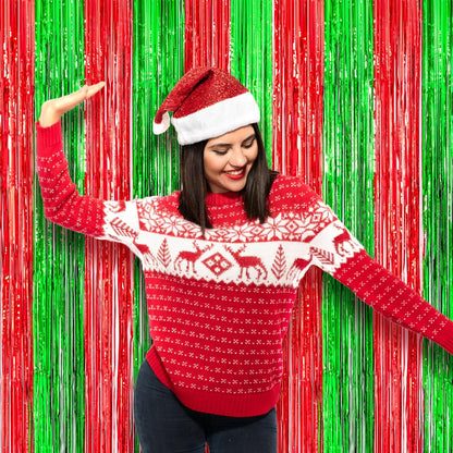 Voircoloria 3 Pack Red & Green Foil Fringe Backdrop Curtains - 3.3x8.2 Feet Tinsel Streamers for Parties