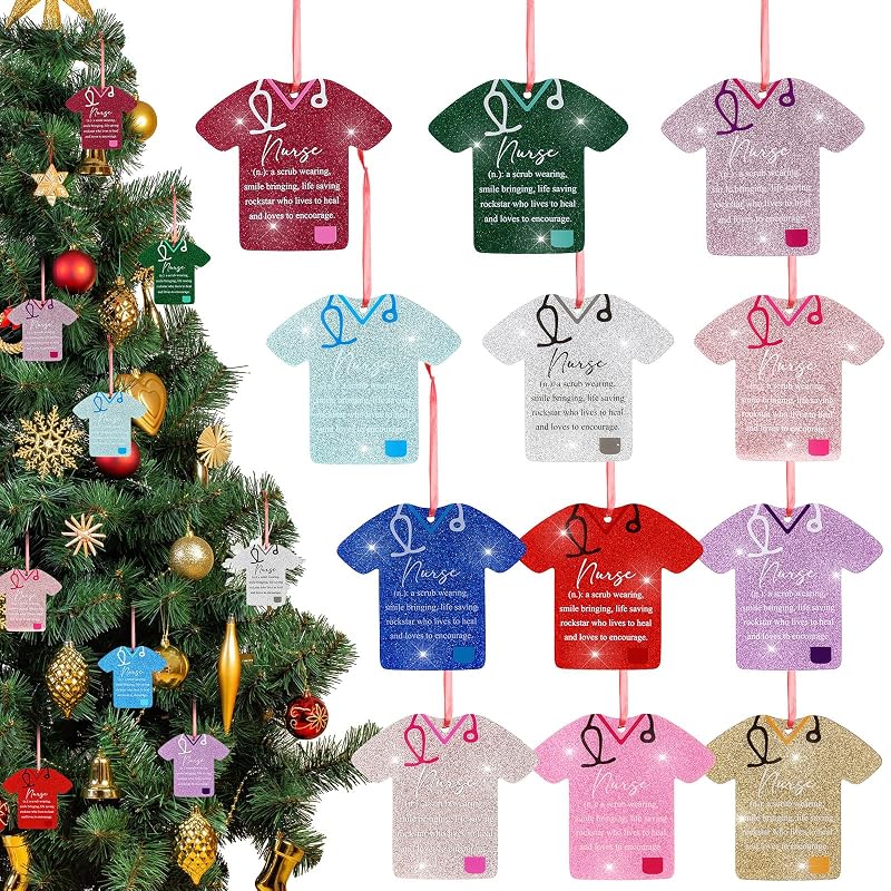 12 Pcs Christmas Nurse Ornament Set - Nurse Scrub Figures with Red Ribbon, Gift for Healthcare Workers