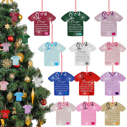 12 Pcs Christmas Nurse Ornament Set - Nurse Scrub Figures with Red Ribbon, Gift for Healthcare Workers