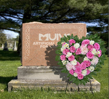 MUVIC Cemetery Flower Wreath - Elegant Heart-Shaped Memorial Floral Arrangement | 27-Inch Pink Hibiscus, Rose, Carnation, Daisy