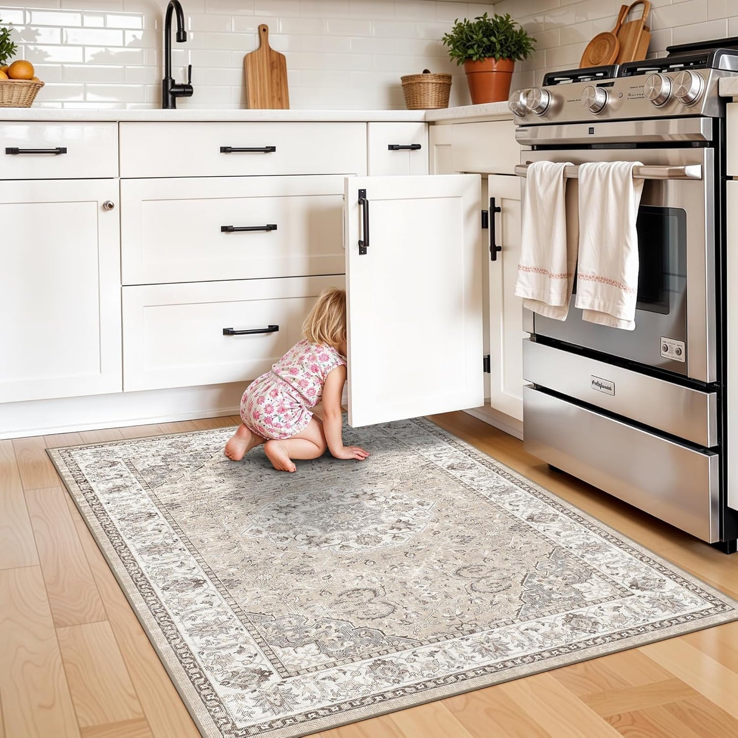 Skiennix Washable 3x4 Floor Mats - Non-Slip Water-Resistant Area Rug for Kitchen & Bathroom | Beige