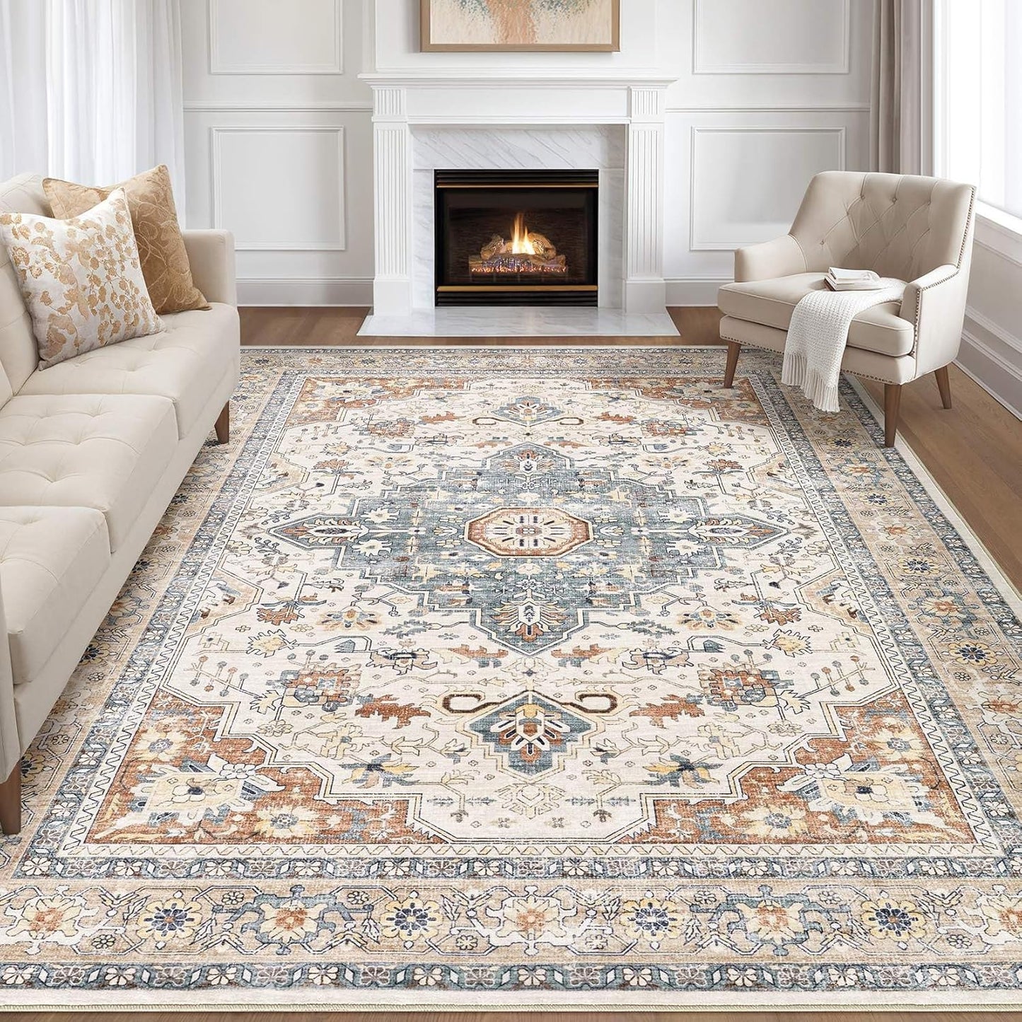 Skiennix 9x12 Area Rug - Washable Boho Vintage Design | Soft, Stain-Resistant Indoor Carpet in Beige & Blue