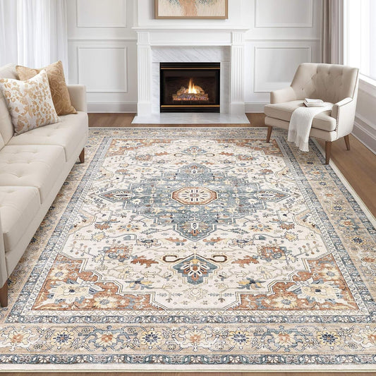 Skiennix 9x12 Area Rug - Washable Boho Vintage Design | Soft, Stain-Resistant Indoor Carpet in Beige & Blue