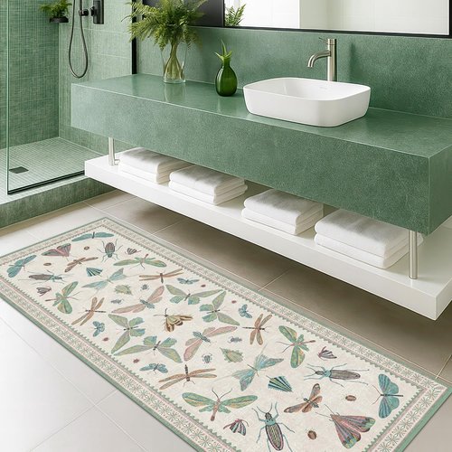 Hazo Haus Boho Bathroom Runner - 2x6 Non-Slip Washable Rug in Blue and Green Butterfly Print