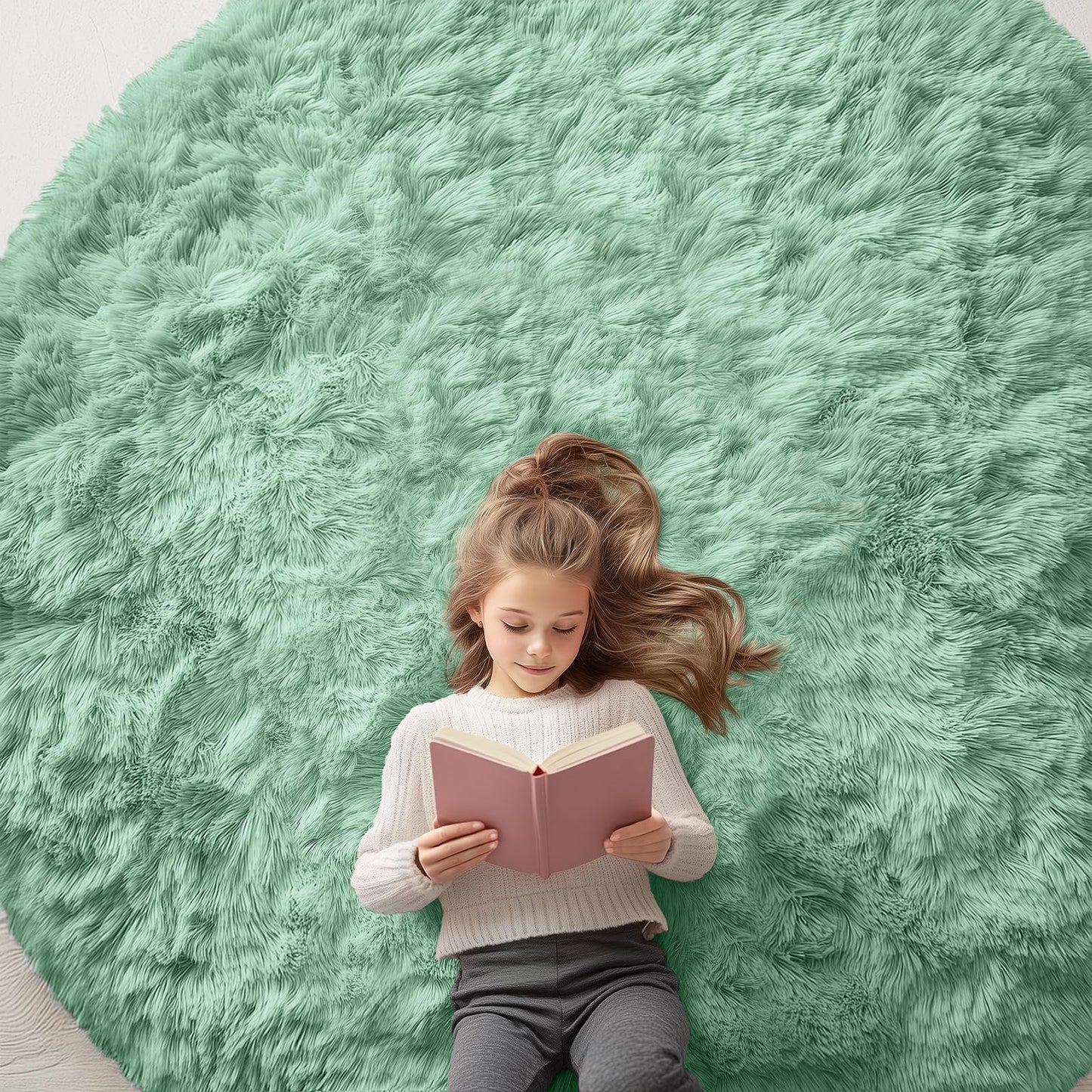 OLANLY Mint Green Round Rugs for Bedroom - Machine Washable, 7 ft Circle Area Rugs for Living Room, Soft and Fluffy Shaggy Carpet for Teen Girls and Boys, Nursery Rooms, Dorms, Home Decor Aesthetic