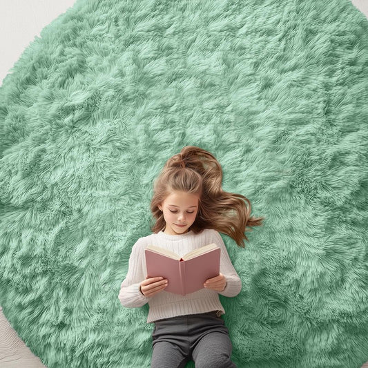 OLANLY Mint Green Round Rugs for Bedroom - Machine Washable, 7 ft Circle Area Rugs for Living Room, Soft and Fluffy Shaggy Carpet for Teen Girls and Boys, Nursery Rooms, Dorms, Home Decor Aesthetic