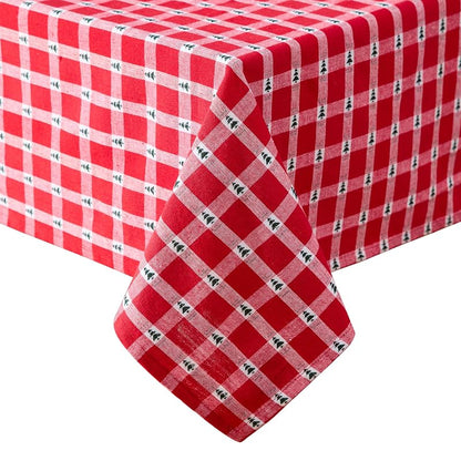 70" Round Christmas Tablecloth with Little Christmas Trees, Cotton Plaid – Lintex
