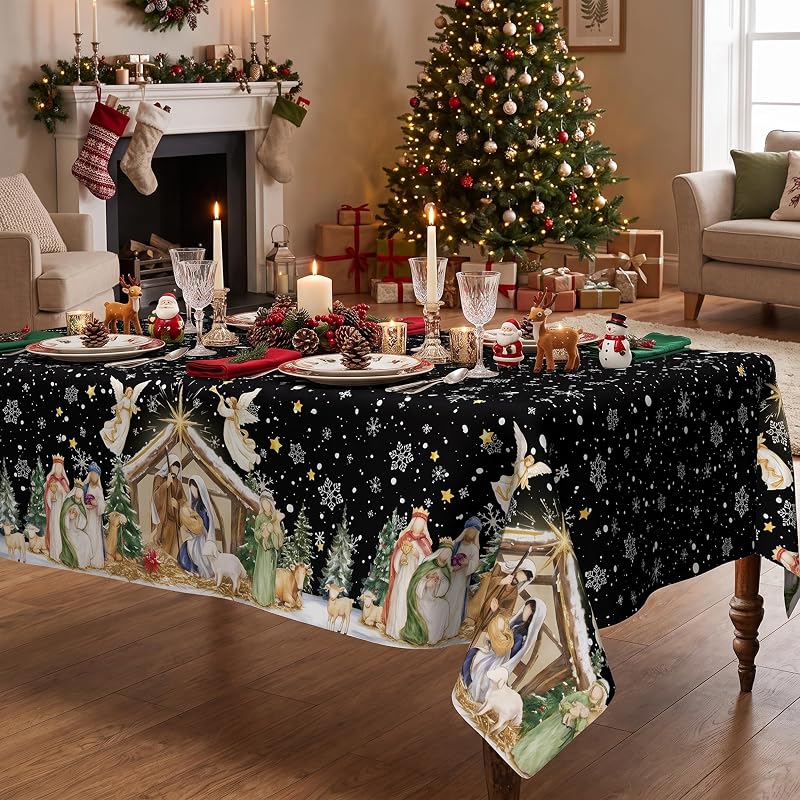 Christmas Nativity Tablecloth 60 x 120 Inch Rectangular - Black Snowflake Star Angel Manger Border