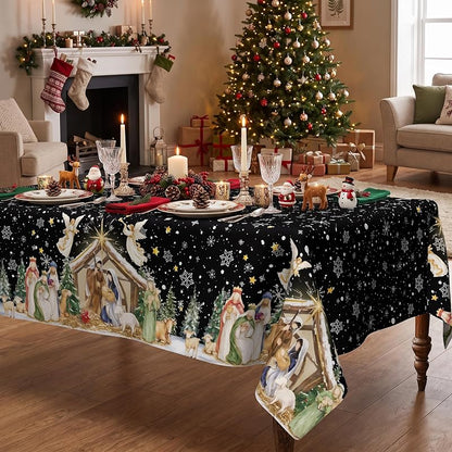 Christmas Nativity Tablecloth 60 x 120 Inch Rectangular - Black Snowflake Star Angel Manger Border