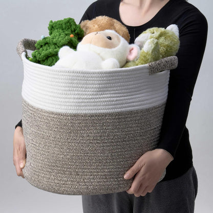 Skiennix Woven Round Rope Storage Basket - Stylish Blanket & Toy Organizer (16"Wx14"H) - White & Brown