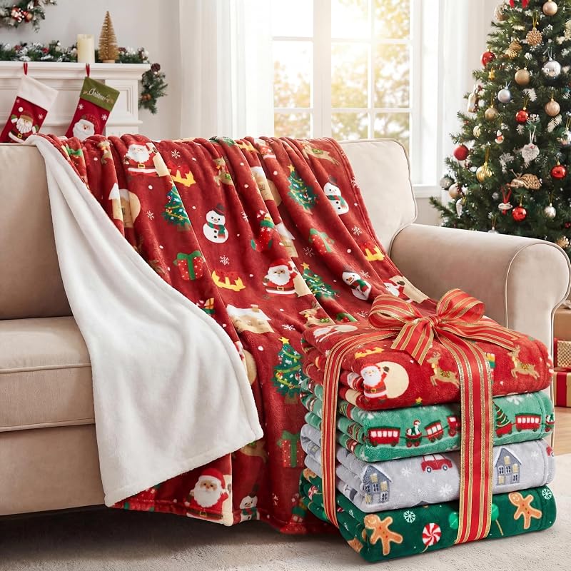 4 Pack Christmas Fleece Throw Blankets 50 x 60 in with Santa Snowman Pattern (Variation: 50 x 60")