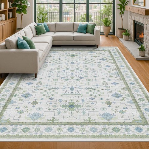 Hazo Haus Washable Area Rugs - Extra Large 10x12 Cream Blue Green Floral Geometric Design
