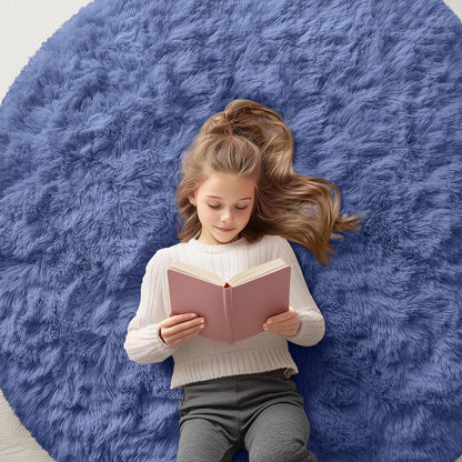 OLANLY Denim Blue Round Rug - Soft, Fluffy Shaggy Carpet | 5 ft Machine Washable Area Rug for Bedroom & Living Room