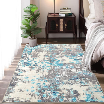 RUGSREAL Large Rug 8x10 Machine Washable Area Rug Non Slip Accent Rug Boho Chic Abstract Watercolor Design Rug Ultra-Thin Carpet Throw Rug for Bedroom Living Room, Blue/Grey