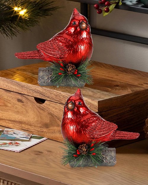 iStatue Red Cardinal Bird Figurines Set of 2 - 6.3'' Realistic Resin Statues for Holiday Home Decor