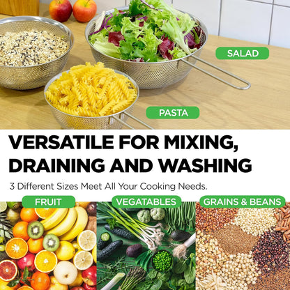 Premium 18/8 304 Stainless Steel Strainer Set of 3 - Micro-Perforated Design with Long Handle | Self-Draining Base for Pasta, Rice, Vegetables (1.5, 2.5, 4 Qt) - Made in Korea