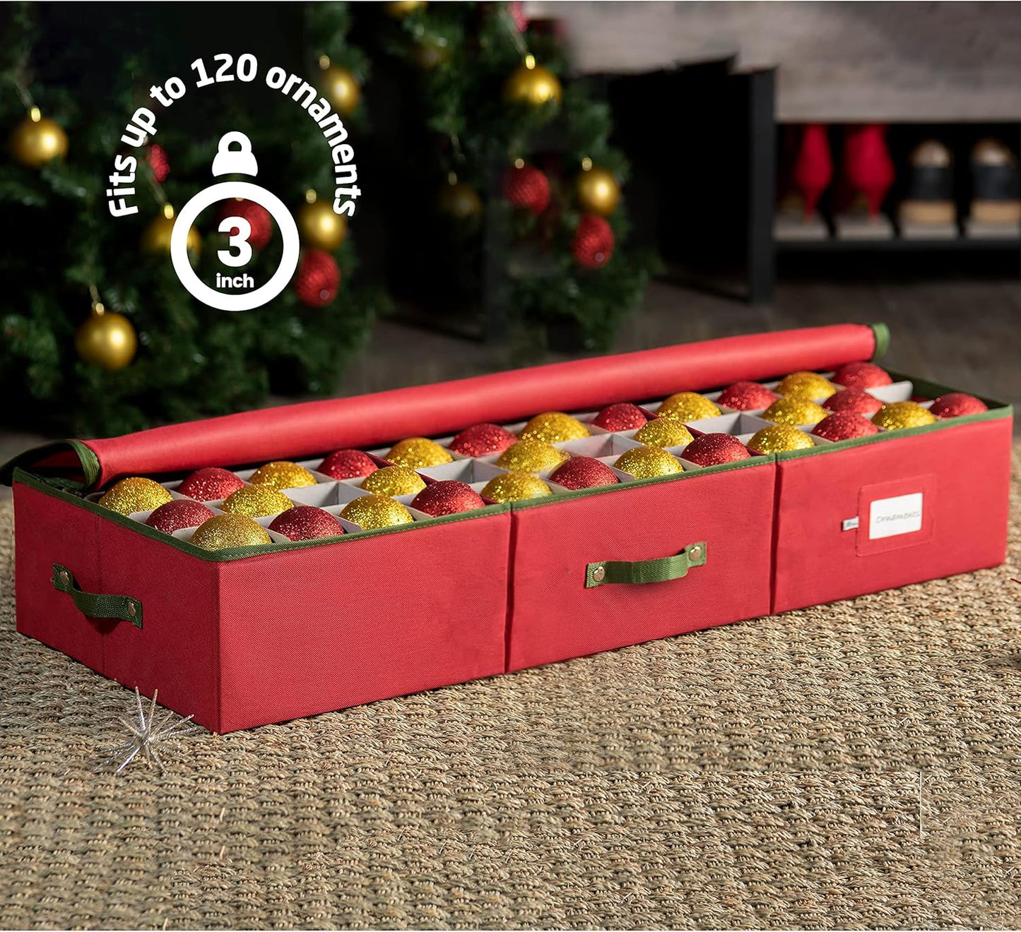 ZOBER Christmas Ornament Storage Box - Holds 120 Ornaments with Dividers - Durable Tear-Proof 600D Oxford Fabric - Red
