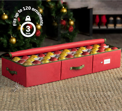 ZOBER Christmas Ornament Storage Box - Holds 120 Ornaments with Dividers - Durable Tear-Proof 600D Oxford Fabric - Red