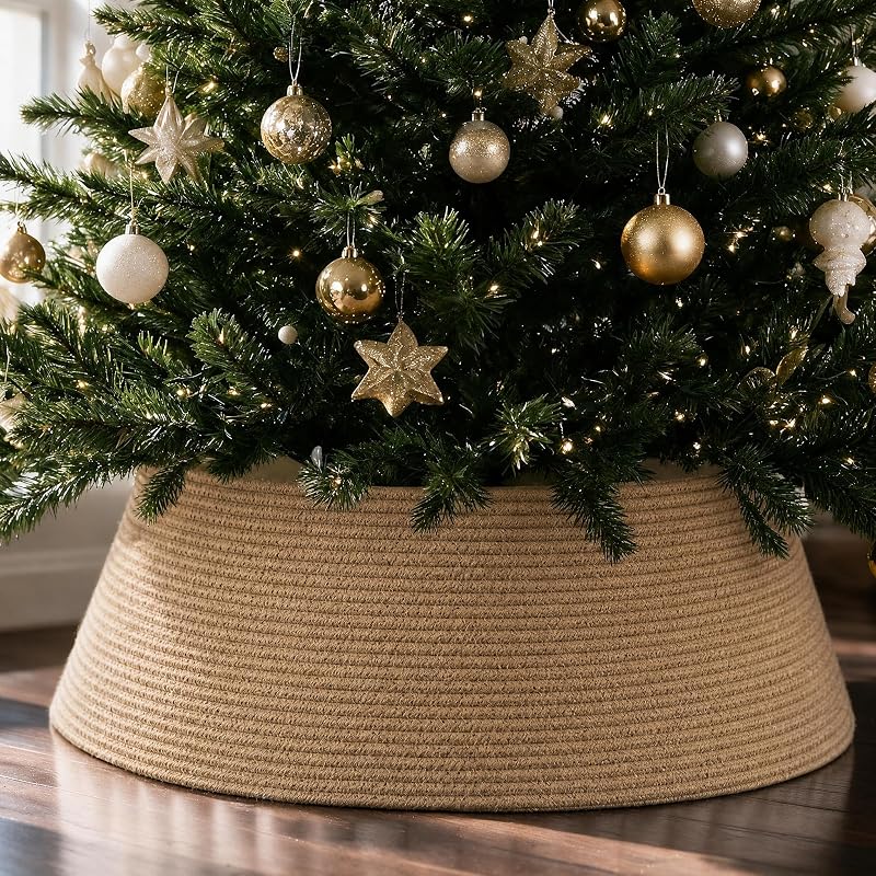 Brown 28" Jute Tree Collar - Modern Christmas Tree Ring, 9" Tall