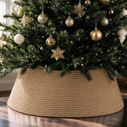 Brown 28" Jute Tree Collar - Modern Christmas Tree Ring, 9" Tall