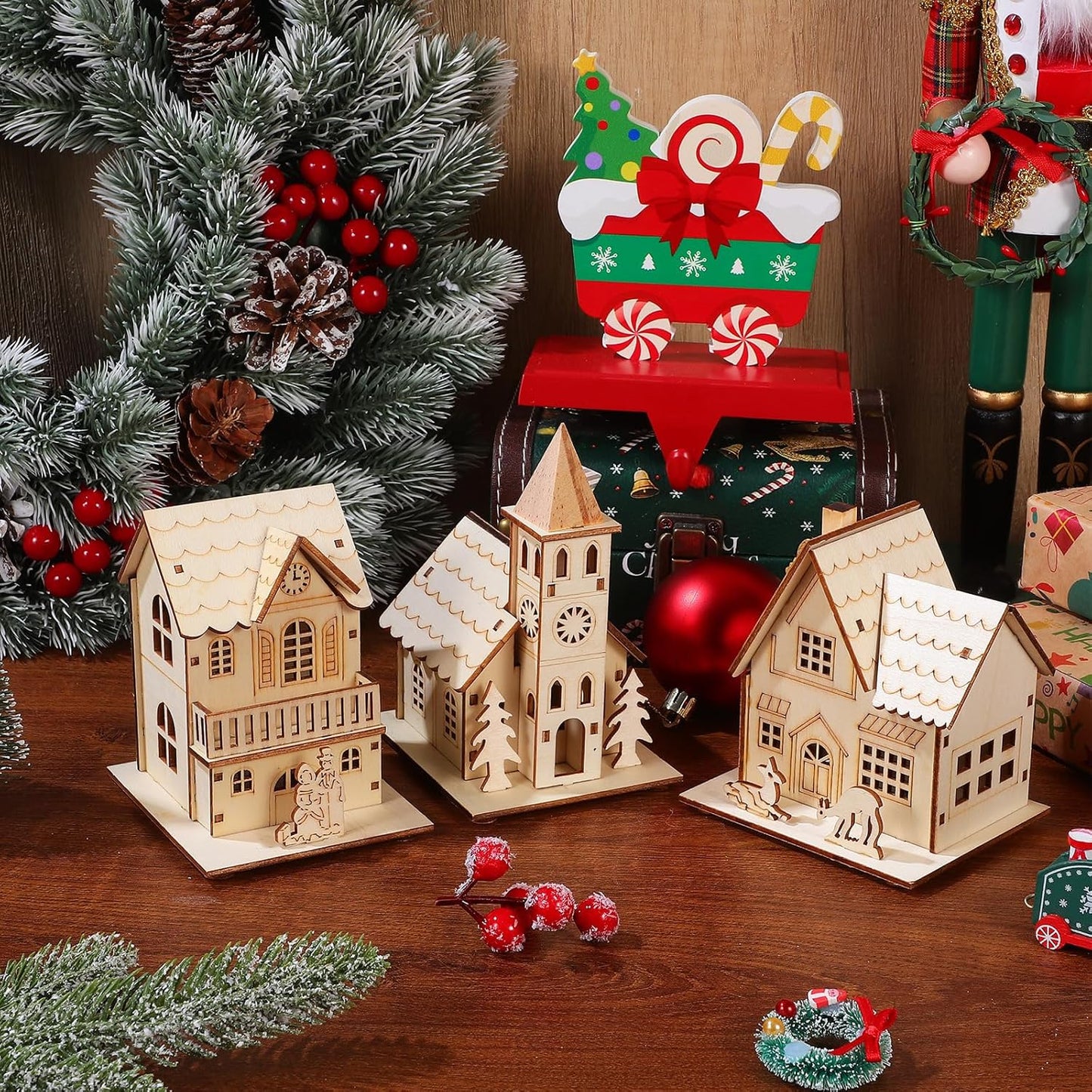 NUOBESTY Christmas Wood Village Ornaments - 3pcs LED Luminous Houses for Festive Decor | Light Brown