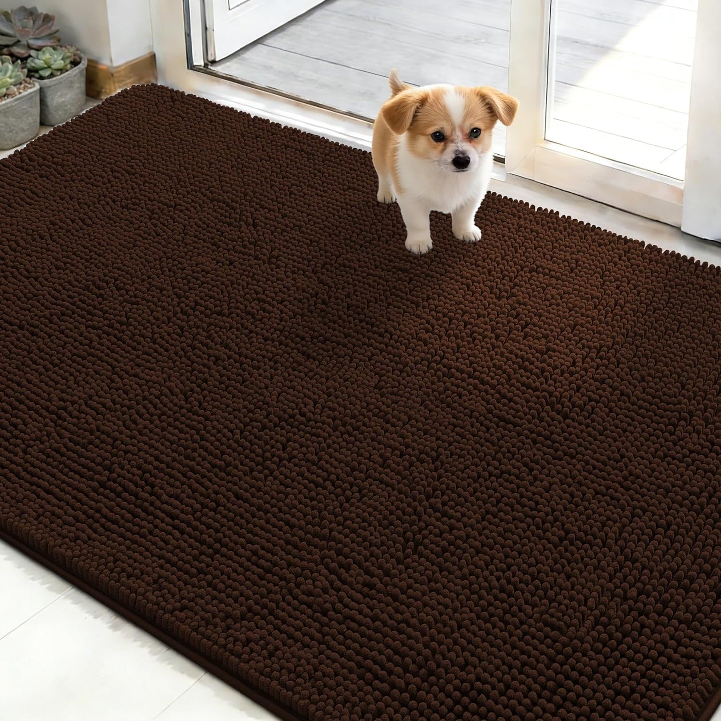 OLANLY Dog Door Mat - Absorbent Non-Slip Chenille Mat for Muddy Paws | 48x30 Inches, Brown