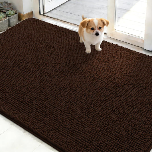 OLANLY Dog Door Mat - Absorbent Non-Slip Chenille Mat for Muddy Paws | 48x30 Inches, Brown
