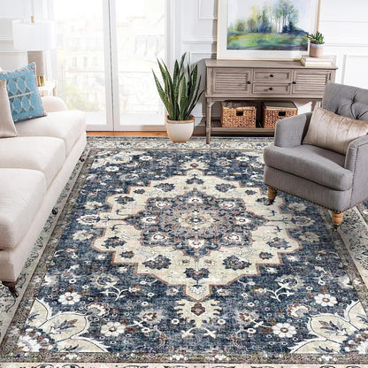Skiennix Washable Area Rug - 9 x 12 Stain Resistant Medallion Design | Soft Non-Shedding Carpet for Indoor/Outdoor Use (Blue)