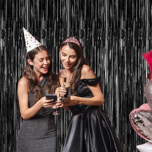 2026 Graduation Party Decorations - 2 Pack Black Backdrop with Metallic Fringe Curtains | 3.28 FT x 7.05 FT