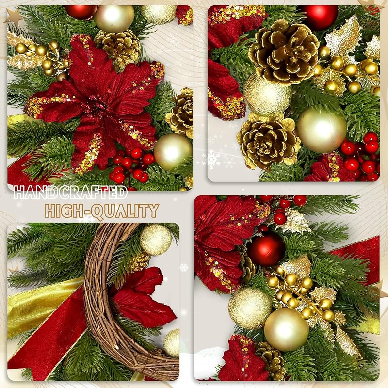 Red 24-Inch Christmas Wreath with Lights & Poinsettias - Pre-Lit