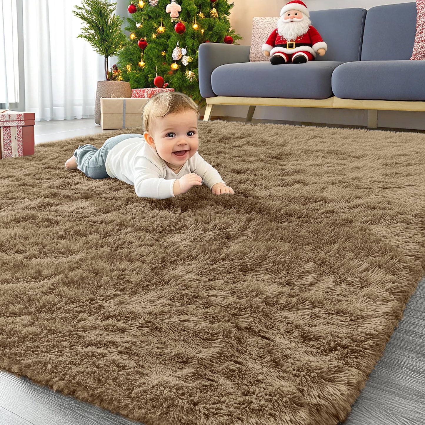 OLANLY Area Rugs for Living Room Bedroom, Machine Washable 4x5.9 ft Soft Fluffy Shaggy Bedside Rug, Indoor Floor Carpet for Kids Girls and Boys, Dorms, Nursery Rooms, Home Decor Aesthetic, Taupe