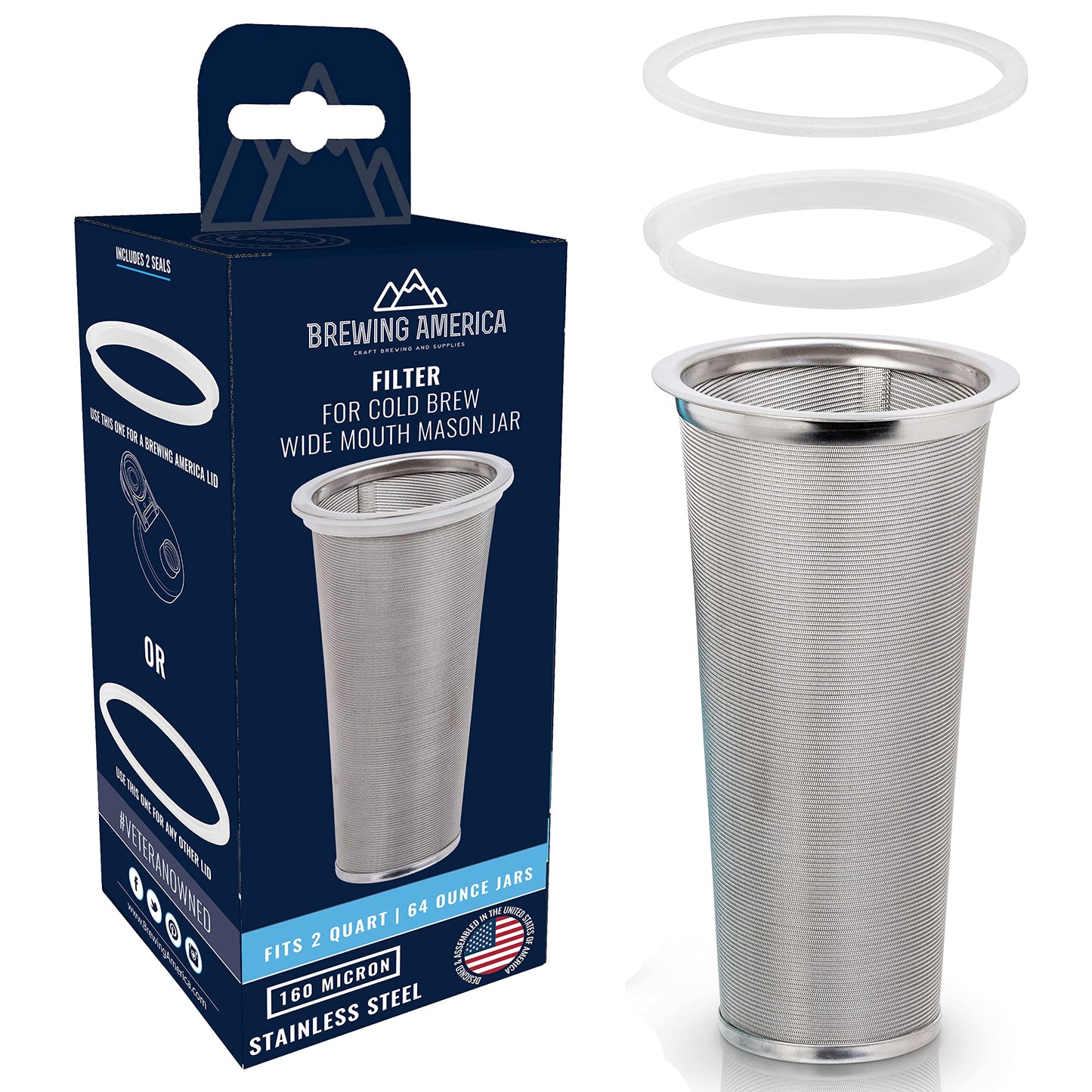 Cold Brew Filter for Mason Jar Wide Mouth Coffee Maker, UPGRADED Stainless Steel Mesh with Silicone Seals (2 Quart (64 Ounces)