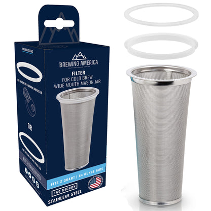 Cold Brew Filter for Mason Jar Wide Mouth Coffee Maker, UPGRADED Stainless Steel Mesh with Silicone Seals (2 Quart (64 Ounces)