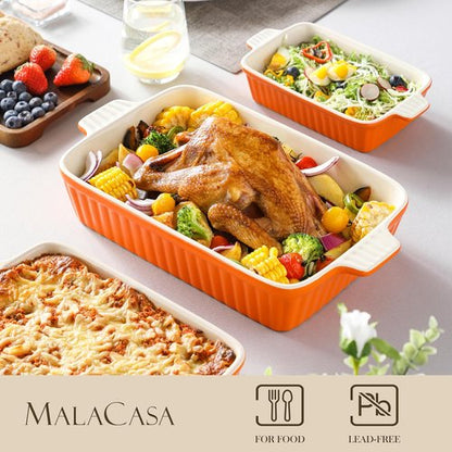 MALACASA Bakeware Set - 4-Piece Porcelain Baking Pans for Oven | Casserole & Lasagna Dishes in Orange (9.4" - 14.7")