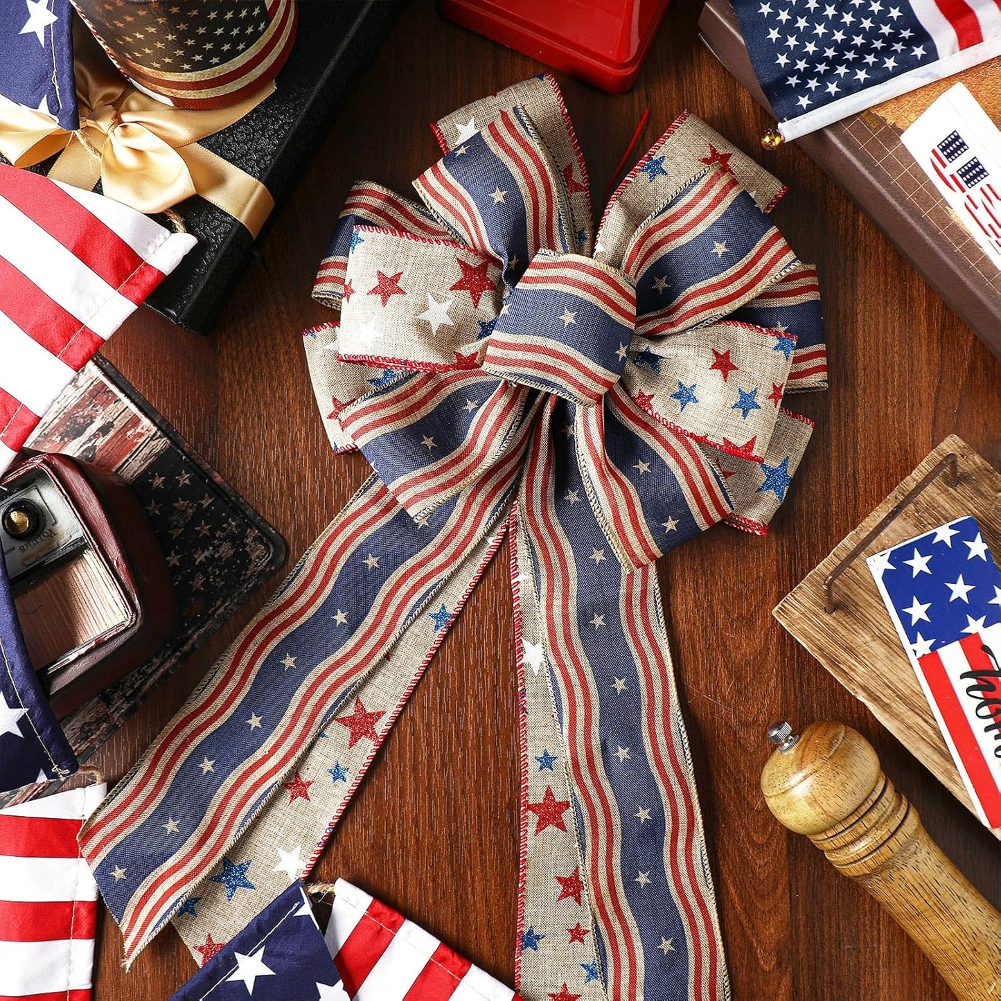 Moucuny Patriotic Burlap Bows - 4th of July Red, White & Blue Stars | Memorial Day Tree Topper & Wreath Decor