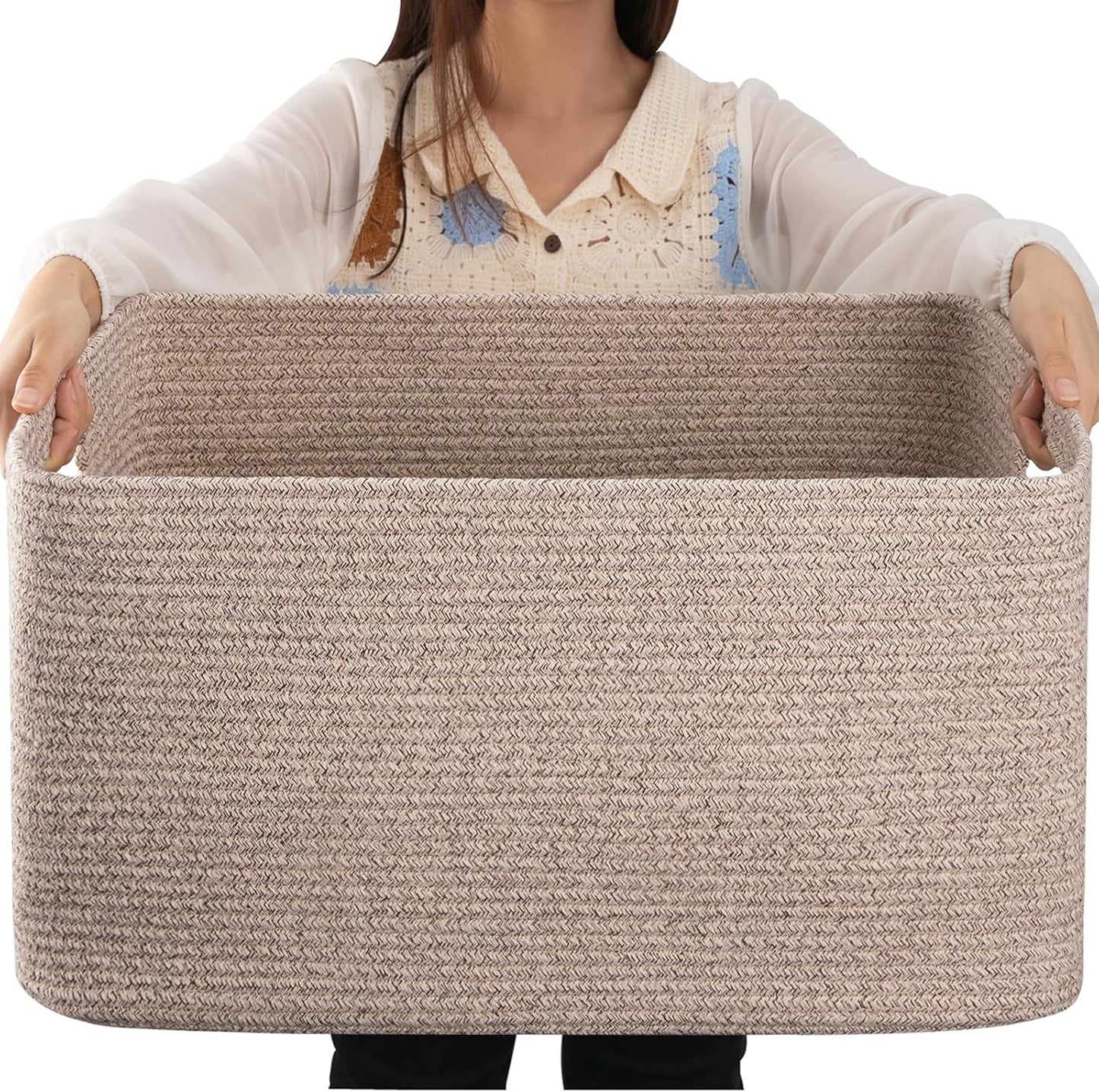 OIAHOMY 75L Large Woven Cotton Rope Storage Basket - Stylish Organizer for Blankets & Toys | Brown Variegated 22”x17”x12”
