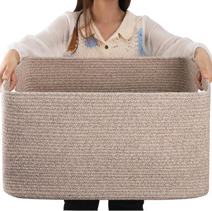 OIAHOMY 75L Large Woven Cotton Rope Storage Basket - Stylish Organizer for Blankets & Toys | Brown Variegated 22”x17”x12”
